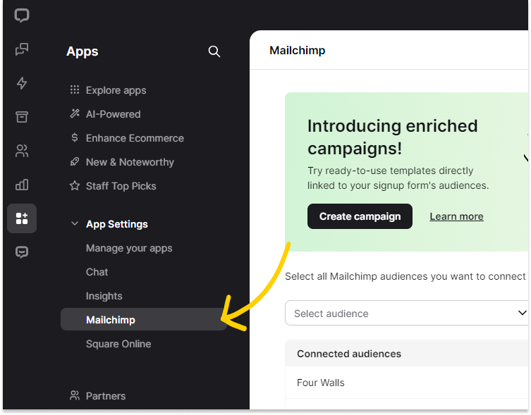To adjust LiveChat settings for Mailchimp, go to Apps>A﻿pp Settings>Mailchimp
